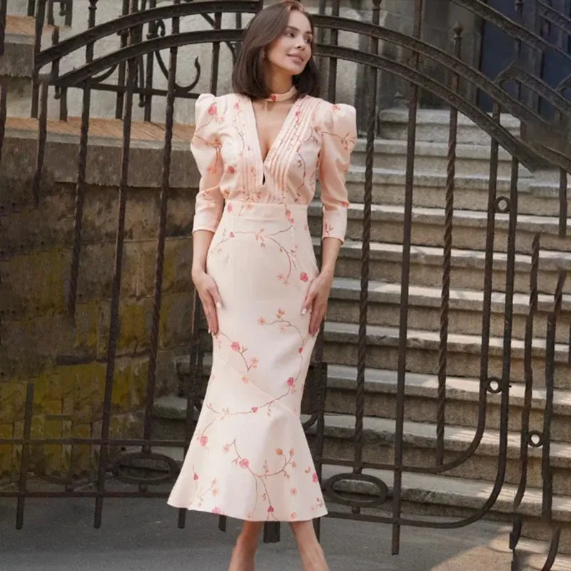 Print Pleated V-Neck Puff Sleeve Maxi Dress