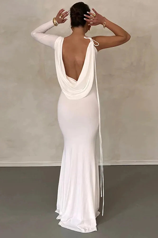 Elegant V Neck One Sleeve Lace-up Backless Maxi Dress