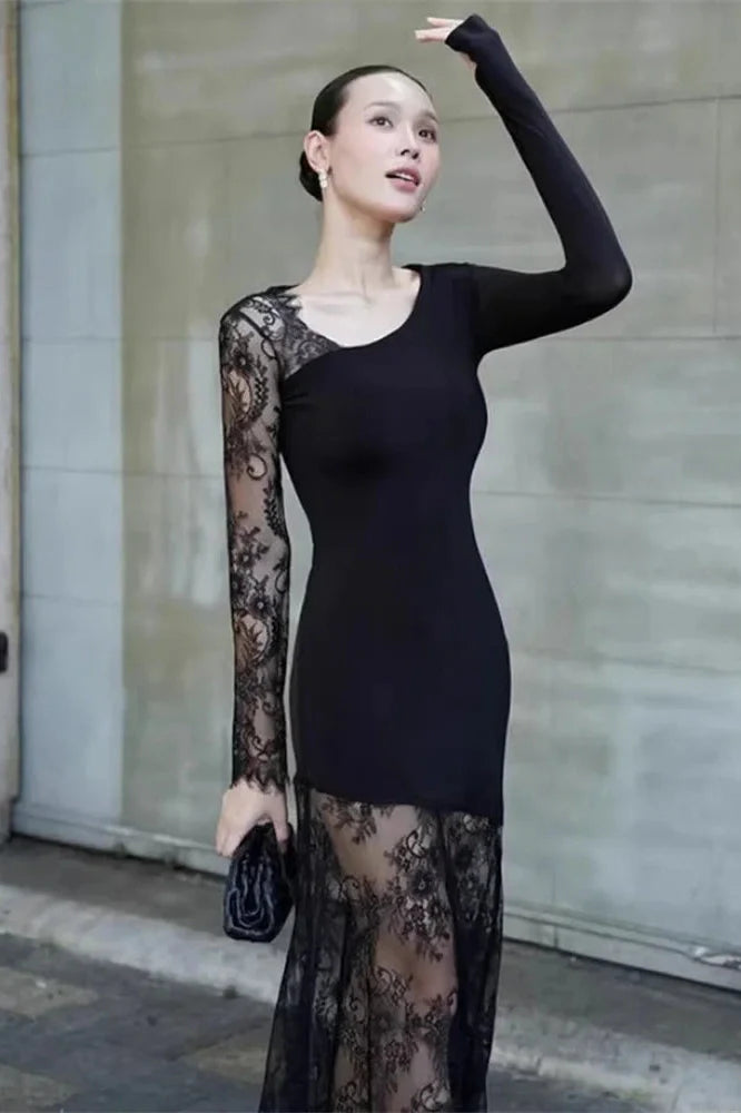 Lace Printed See-Through Long Sleeve Maxi Dress