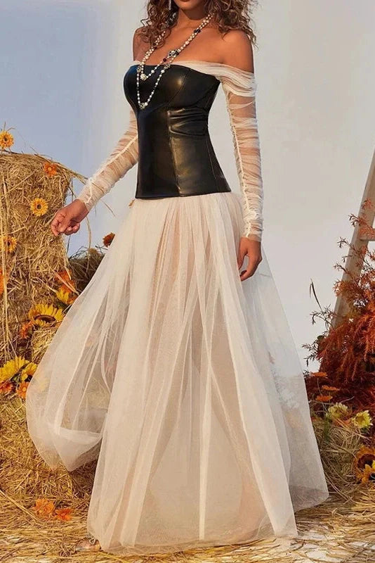 Off Shoulder Pleated High Waist PU Leather Maxi Dress