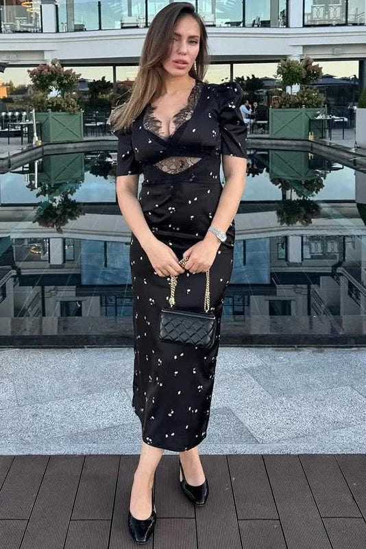 Hollow Lace Short Sleeve High Waist Slim Printed Maxi Dress