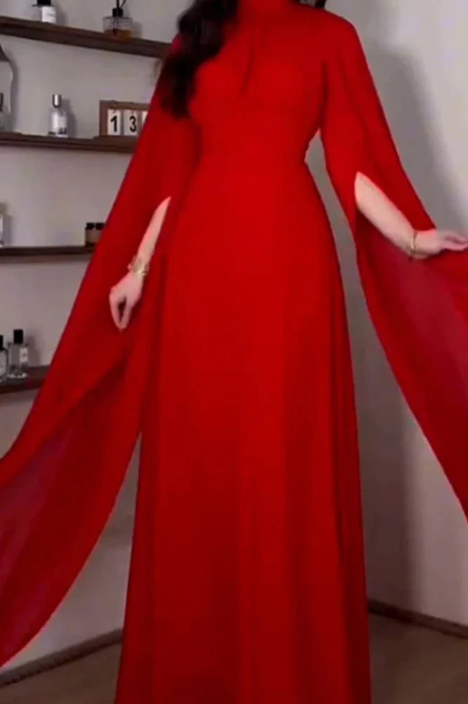 Elegant O-Neck Slit Long Sleeve Pleated High Waist Maxi Dress
