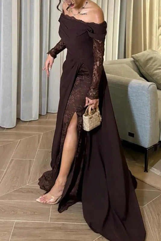 Elegant High Waist Split Pleated Off-Shoulder Lace Maxi Dress