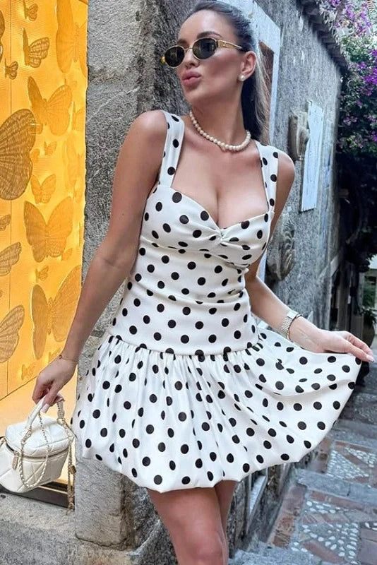 Polka Dot V-Neck Sleeveless Backless Slim Mini Dress