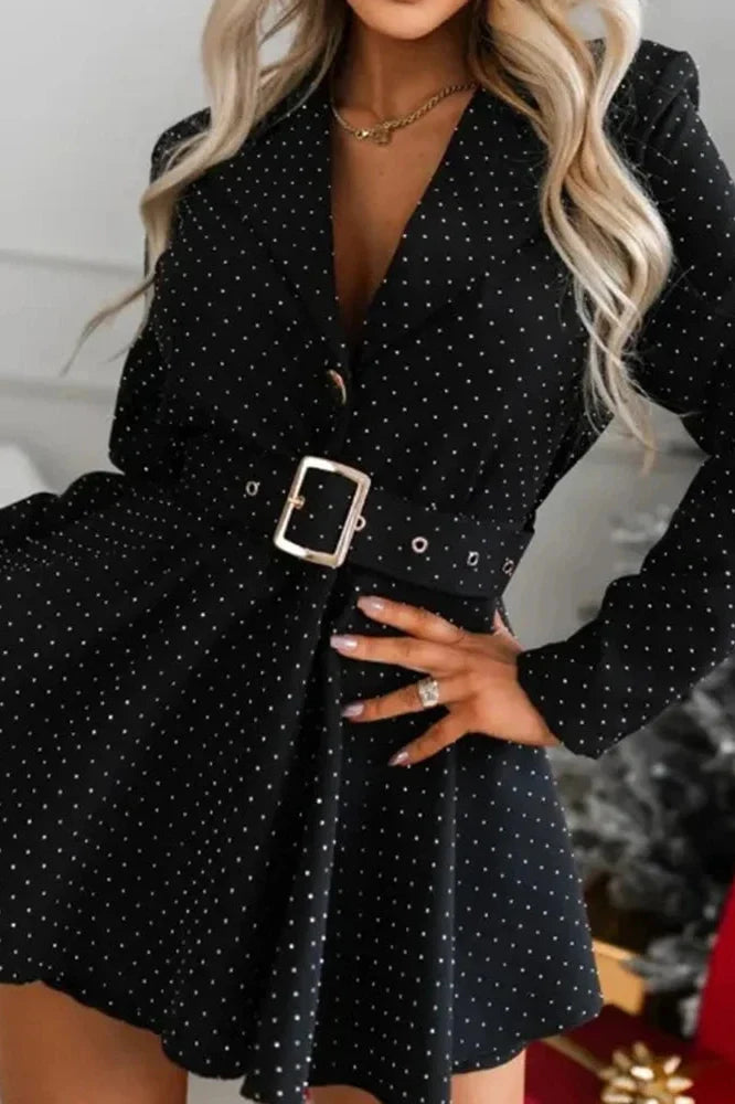 Elegant Long Sleeve Pleated High Waist Slim Printed Mini Dress