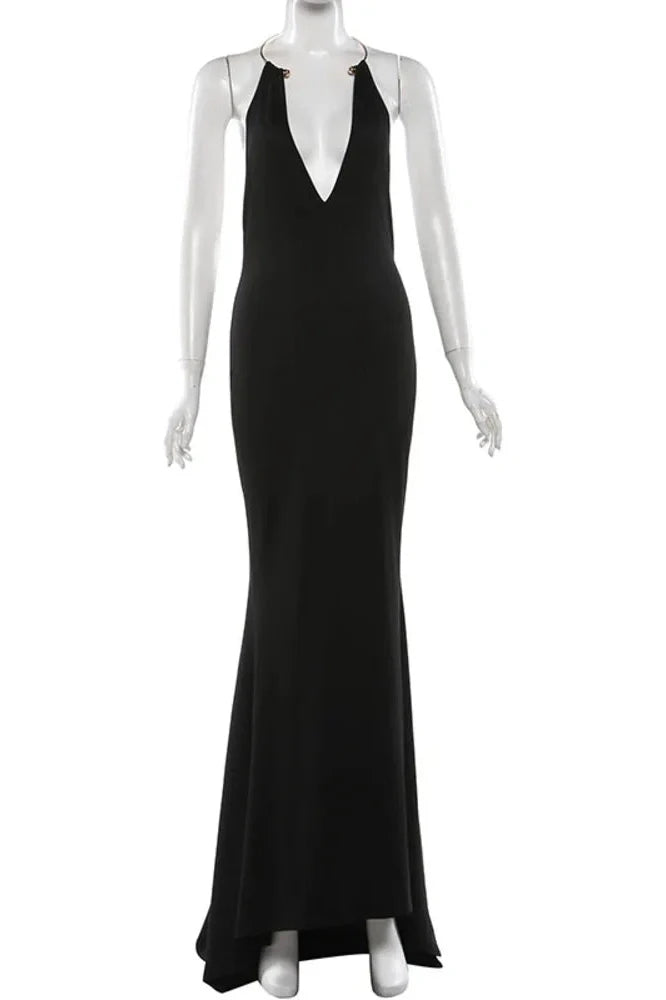 V Neck Off-Shoulder Backless Bodycon Maxi Dress