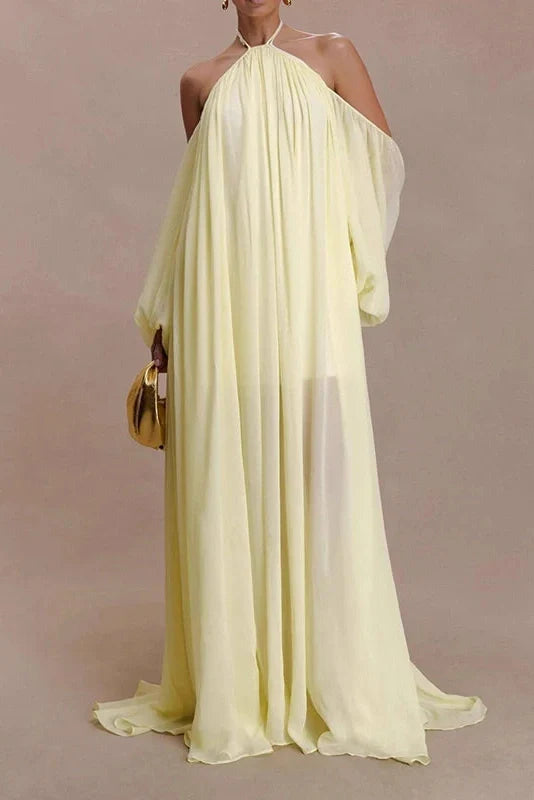 Backless Lace Up Off Shoulder Pleat Loose Maxi Dress