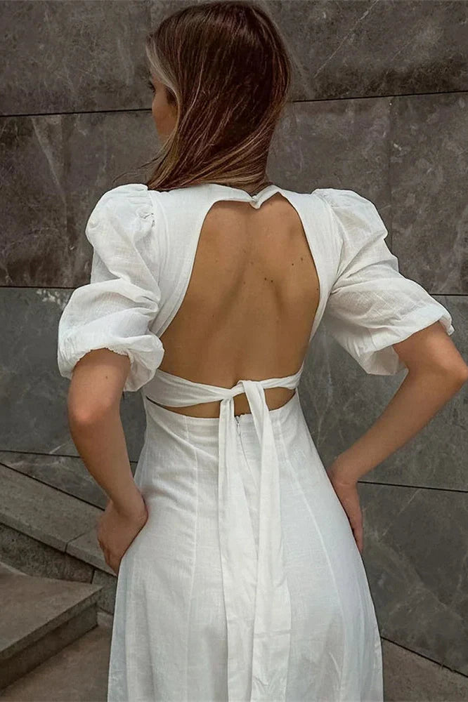 Backless Short Sleeve Slim V-Neck High Waist Midi Dress