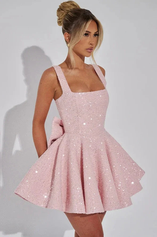 Backless Square Collar Sleeveless High Waist Mini Dress
