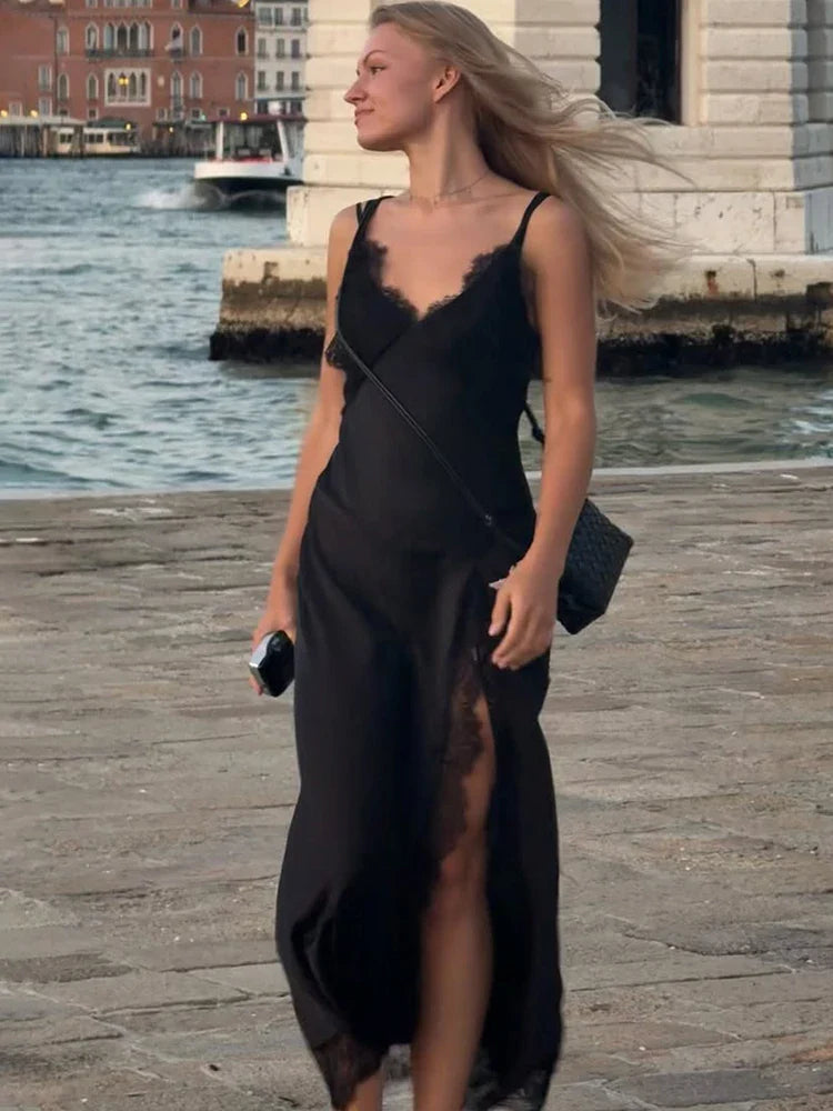 Elegant Lace V-Neck Fitted Split Maxi Dress
