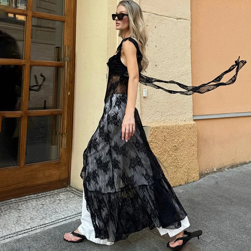 See Through Patchwork Split Backless Maxi Dress