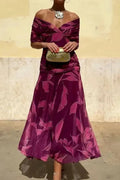 Printed Shawl Sleeve High Waist Pleated V-Neck Off Shoulder Maxi Dress