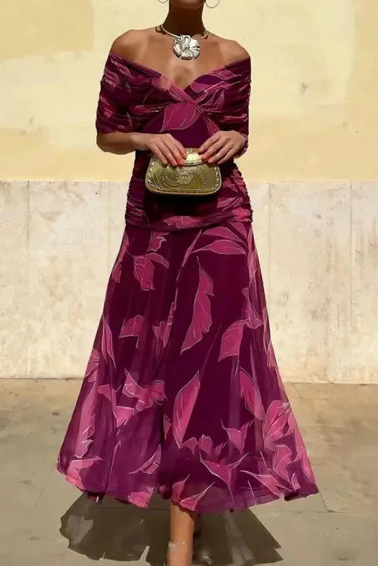 Printed Shawl Sleeve High Waist Pleated V-Neck Off Shoulder Maxi Dress