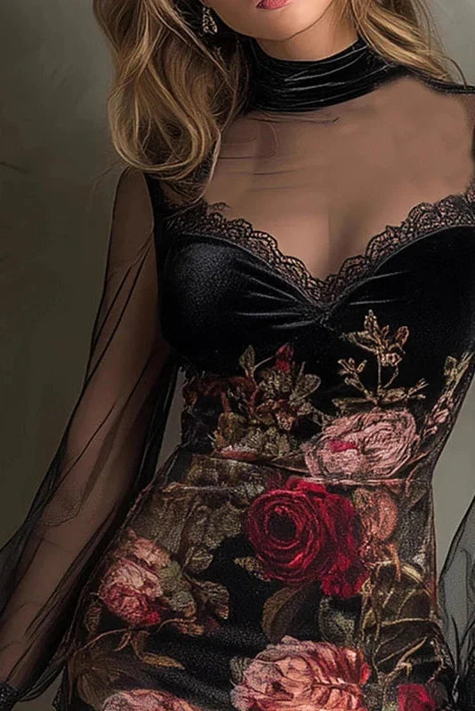 Lace See-Through Sleeves Printed Slim High Waist Mini Dress