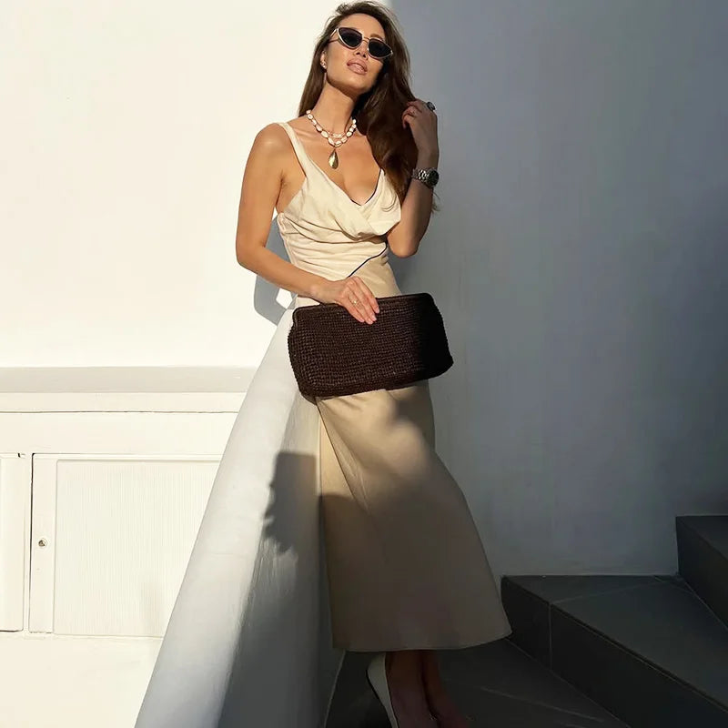 V Neck Patchwork Backless Maxi Dress
