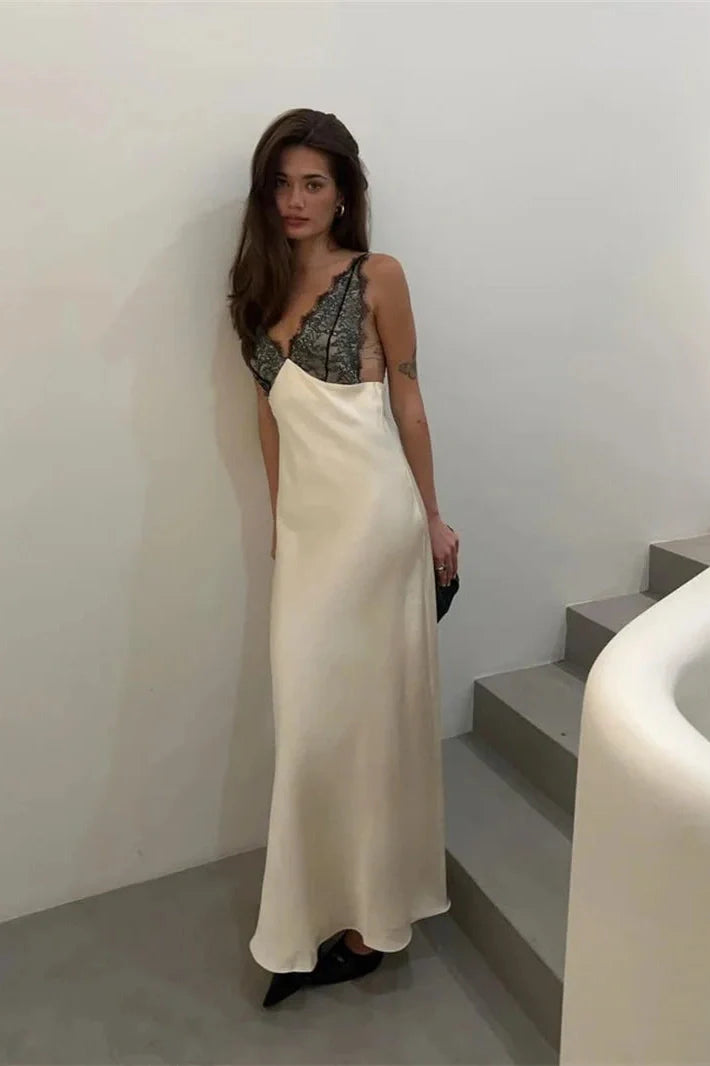 Spaghetti Strap Lace Patchwork Deep V Neck Sleeveless Split Maxi Dress