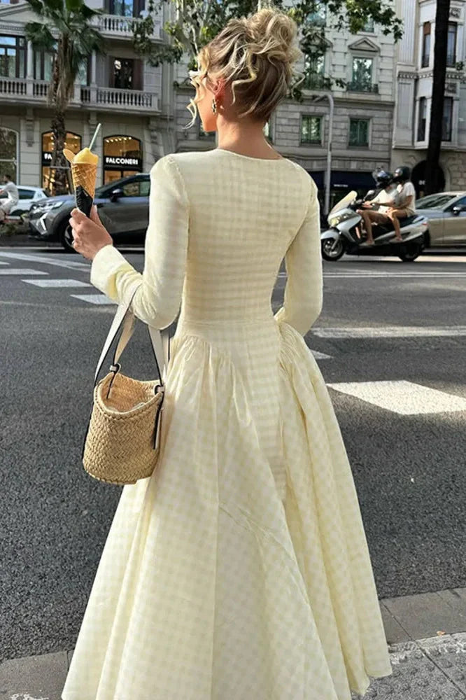Plaid Long Sleeve Pleated Square Collar High Waist A-line Midi Dress