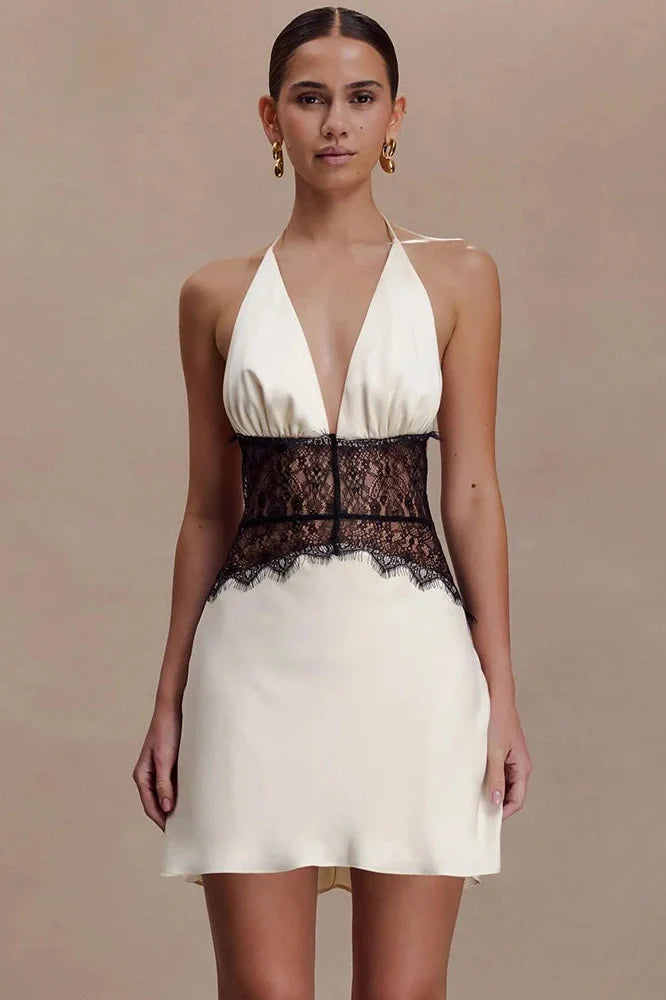 Lace Patchwork V Neck Sleeveless Backless High Waist Mini Dress