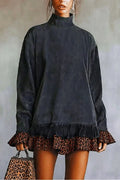 Leopard Printed High Collar Long Sleeve Loose Mini Dress