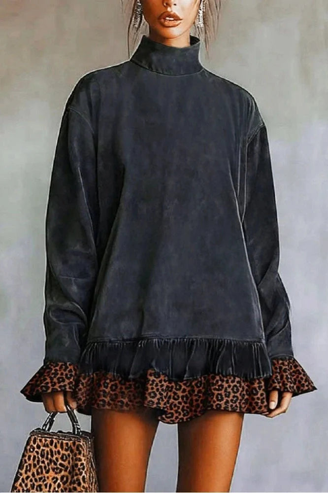 Leopard Printed High Collar Long Sleeve Loose Mini Dress