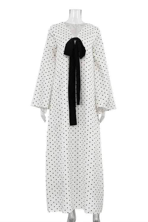 V-Neck Print Polka Dots Long Sleeves Loose Maxi Dress