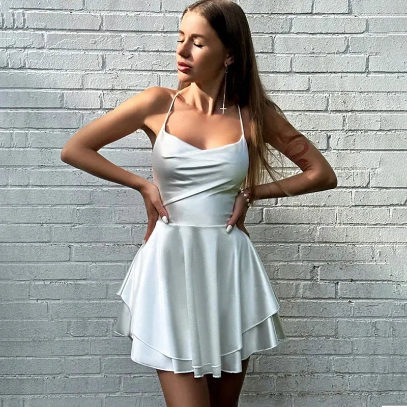 Backless V-Neck Lace-Up Mini Dress