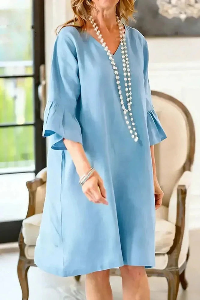 Half Sleeve V-Neck Loose Pleated A-Line Mini Dress