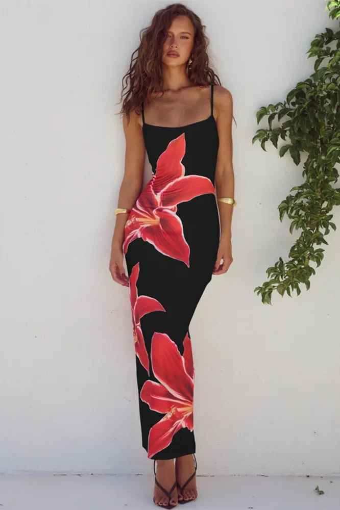 Print Spaghetti Strap Sleeveless Backless Midi Dress