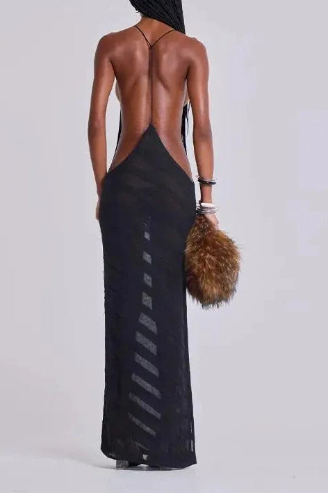 Backless Spaghetti Strap See-Through Maxi Dress