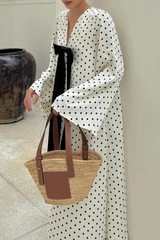 V-Neck Print Polka Dots Long Sleeves Loose Maxi Dress