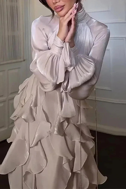 Elegant Pleated High Collar Long Sleeve High Waist Maxi Dress