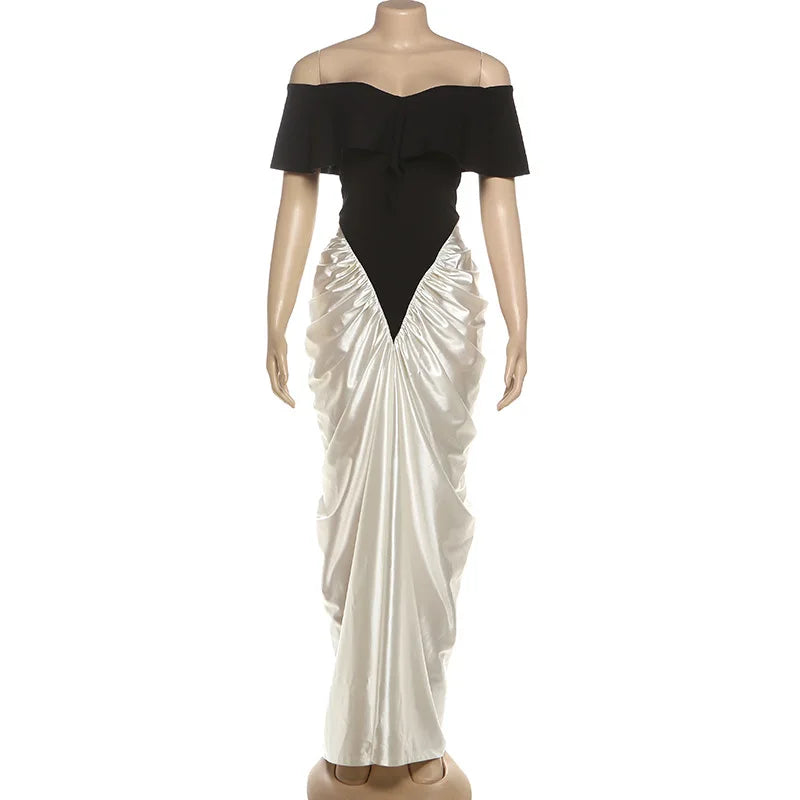 Pleated Off Shoulder Split Bodycon Maxi Dress
