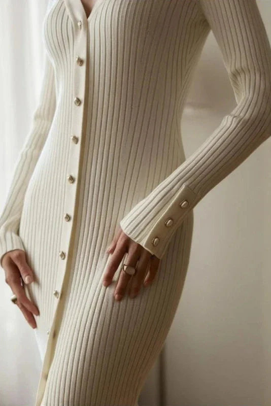 Knitting Slim Single-Breasted Long-Sleeved V-Neck High Waist Midi Dress