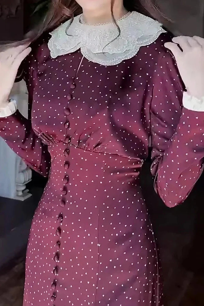 Elegant Long Sleeve Slim Lace Up High Waist Pleat Printed Maxi Dress