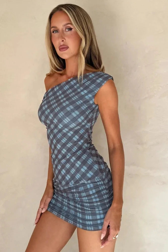 Plaid Printed One Shoulder Backless Sleeveless Mini Dress