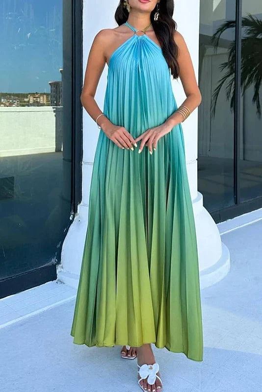 Printed Pleated Off-Shoulder Sleeveless Maxi Dress