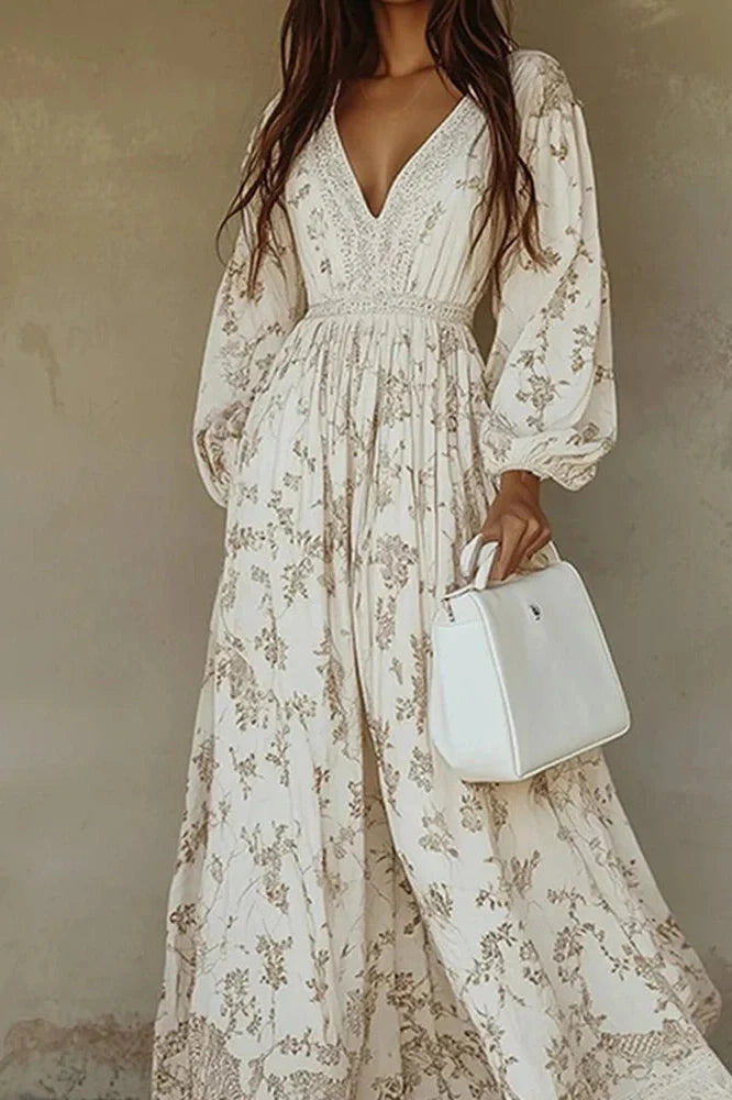 Elegant Long Sleeve Lace V-Neck Printed Maxi Dress