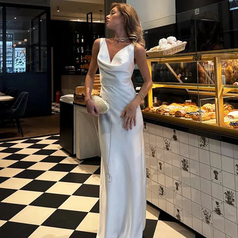 V Neck Backless Sleeveless Straps Maxi Dress