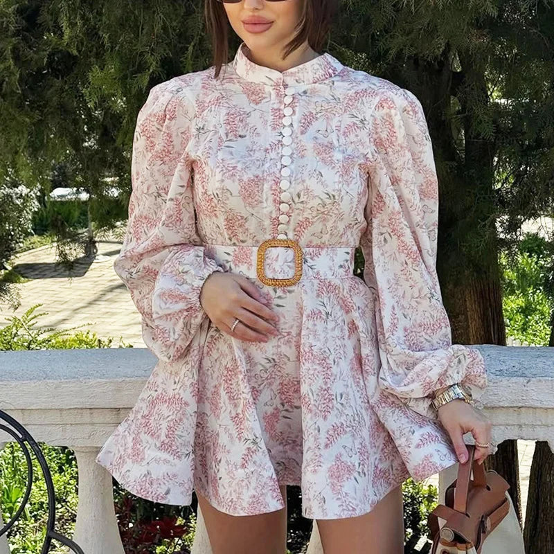 Stand Collar Printed Long Sleeve Single-Breasted Mini Dress
