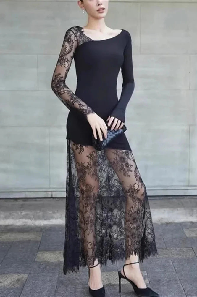 Lace Printed See-Through Long Sleeve Maxi Dress