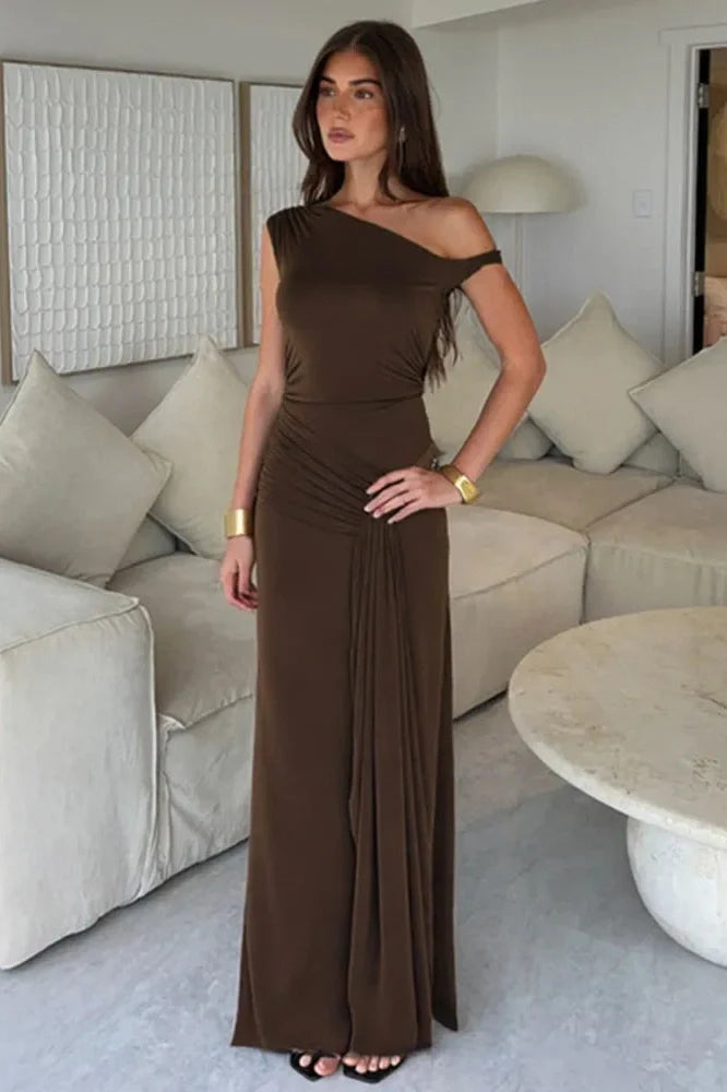 One Shoulder Slim Sleeveless Patchwork Pleated Maxi Dress