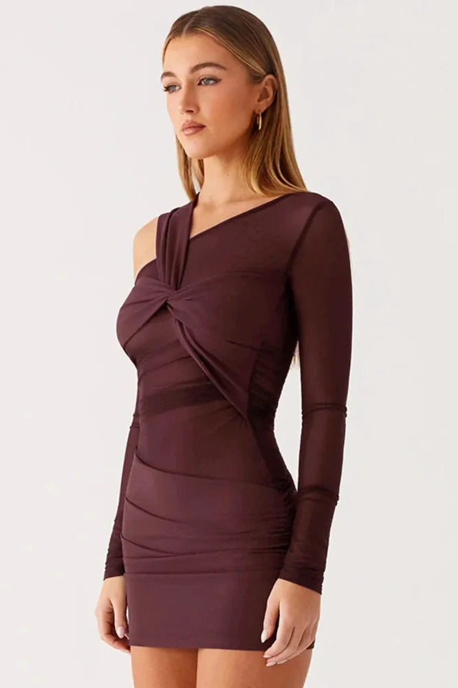 Inclined Shoulder Long Sleeve See Through Backless Mini Dress