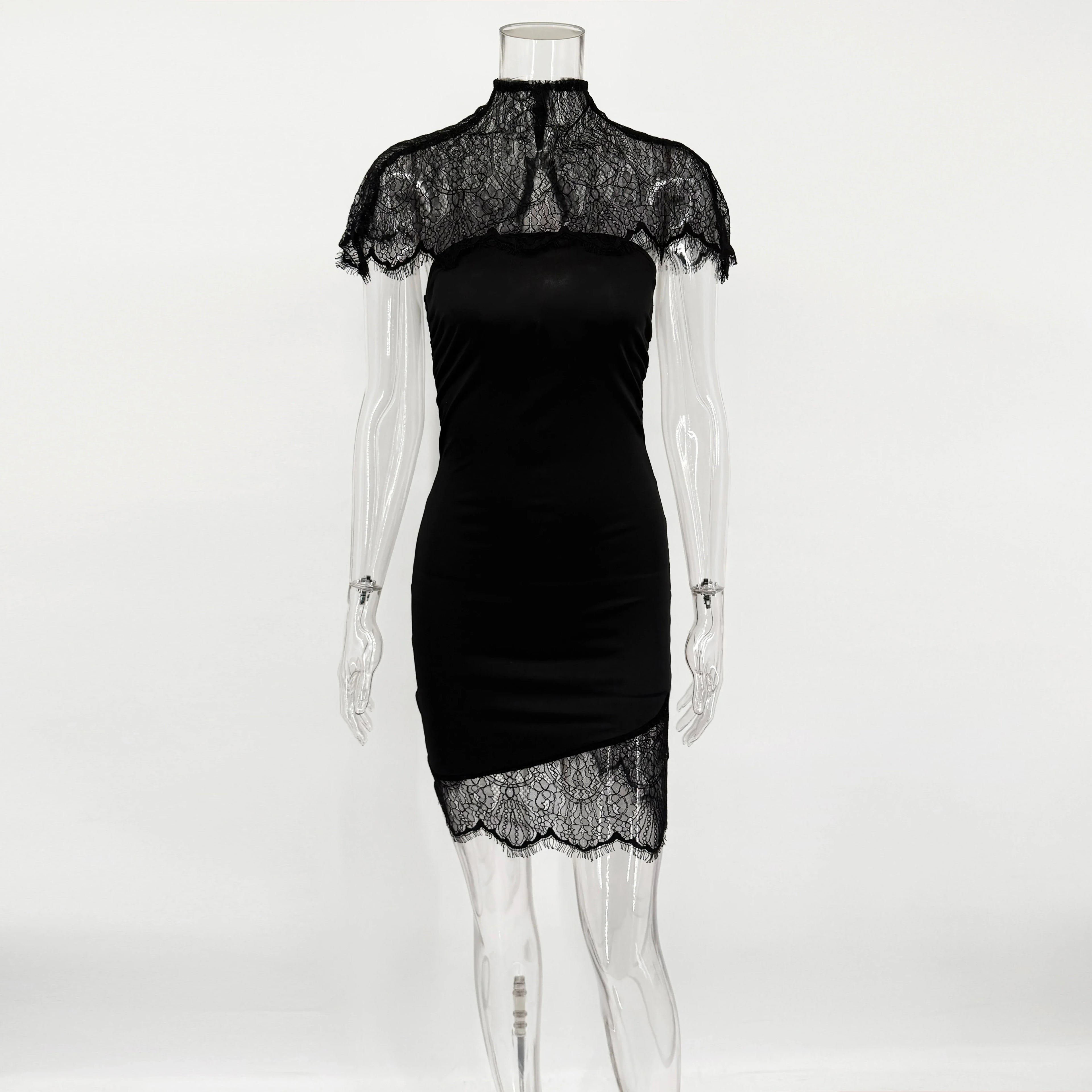 Lace Patchwork Hollow Out See Through Strapless Mini Dress