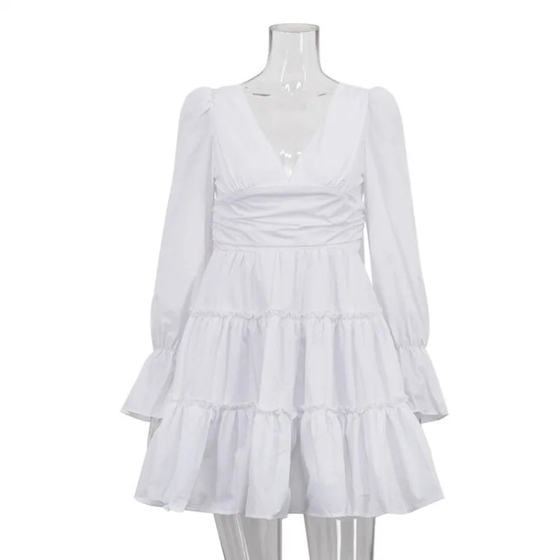 V Neck Lace Up High Waist A-Line Long Sleeve Mini Dress