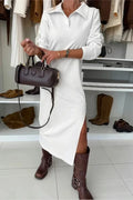 Elegant High Waist Loose A-Line Long Sleeve Midi Dress