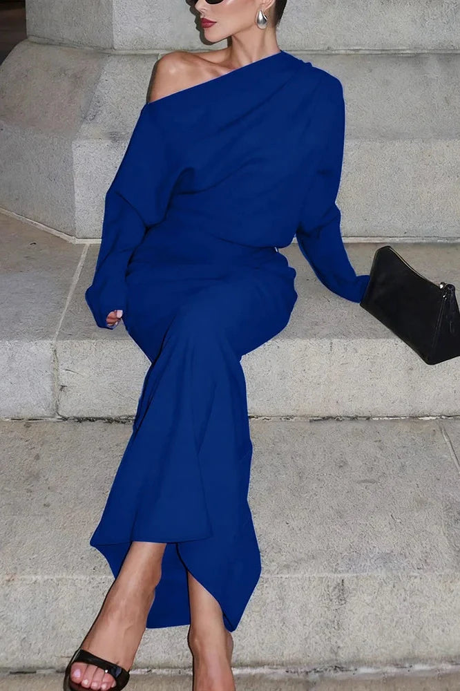 Elegant Long Sleeve Slash Collar Maxi Dress