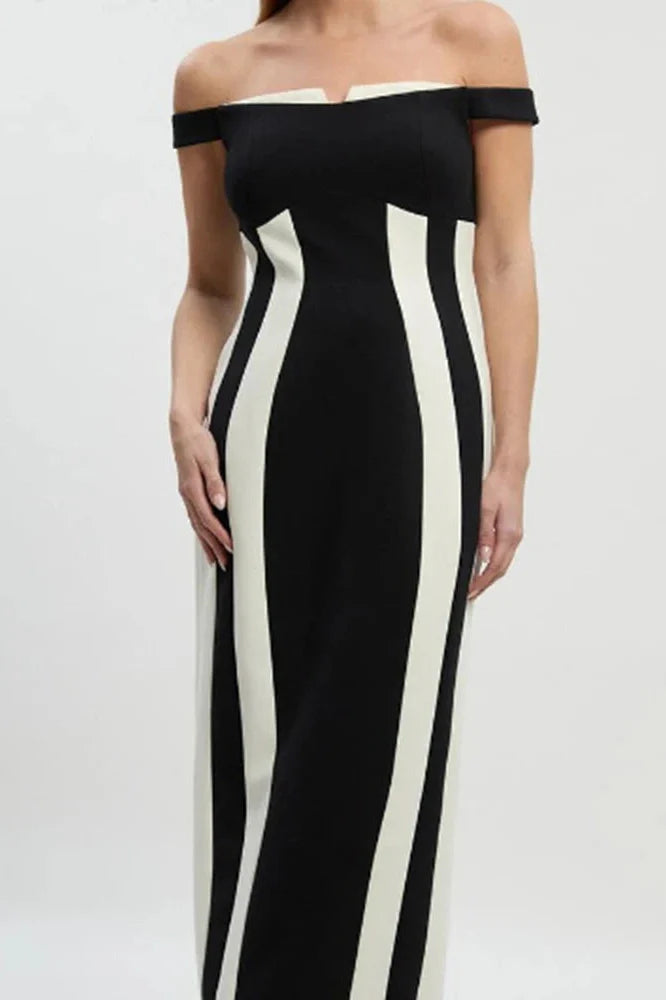 Elegant High Waist Sleeveless Slim Slash Collar Midi Dress