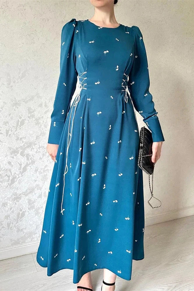 Printed Slim Patchwork Lace-Up Long Sleeve Maxi Dress