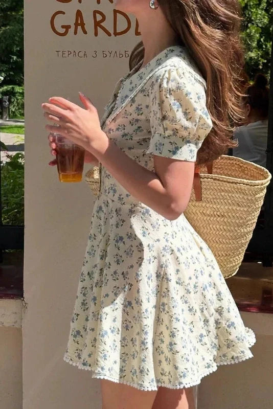 Elegant Floral Short-Sleeved Slim Single-Breasted Mini Dress
