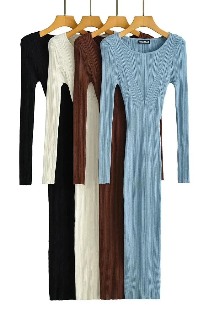 Long Sleeve Slim High Waist Patchwork Midi Dress